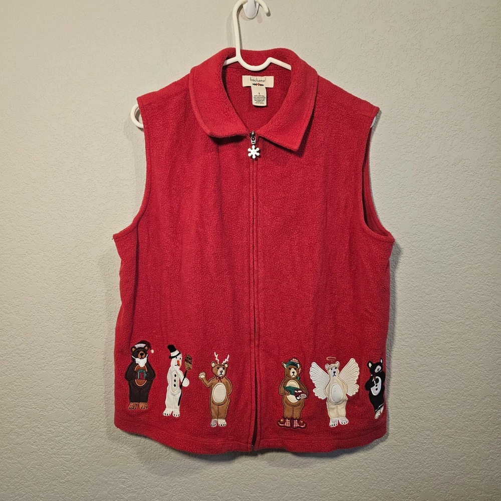 Vintage Red Fleece Christmas Vest Womens Embroidered Holiday Bears Snowman Large